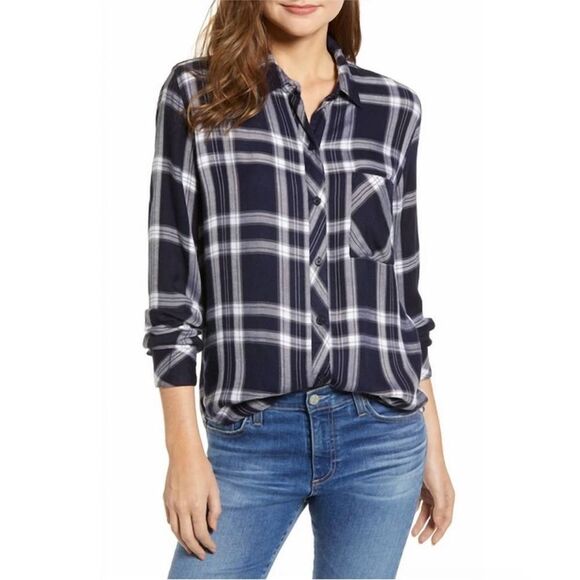 Rails Liza White Navy Midnight Powder Button-Up Plaid Pocket Shirt Size Medium - Picture 1 of 16